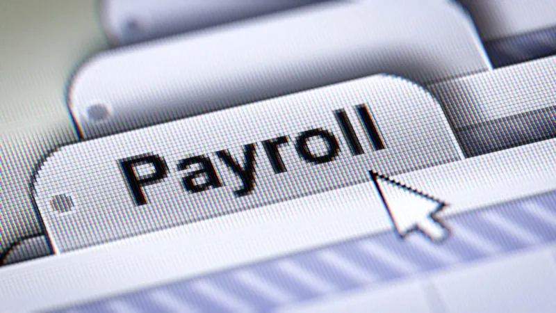 A computer cursor pointing at a payroll button on a digital interface.