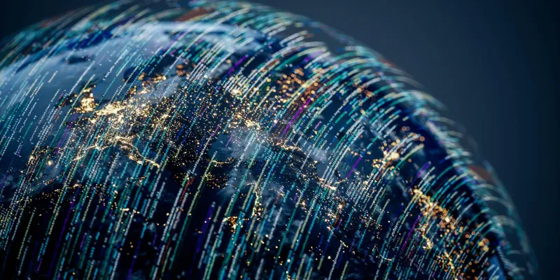 A spherical view of a digital globe with glowing city lights and data streams.