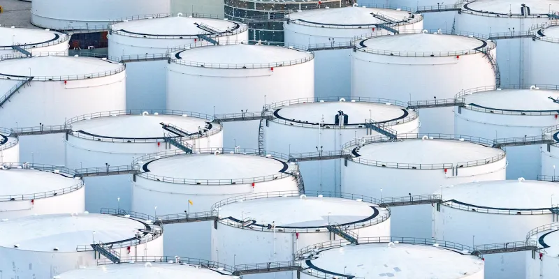 A large group of fuel storage tanks located at a refinery along the ship channel in Houston, Texas shot via helicopter from an altitude of about 300 feet.