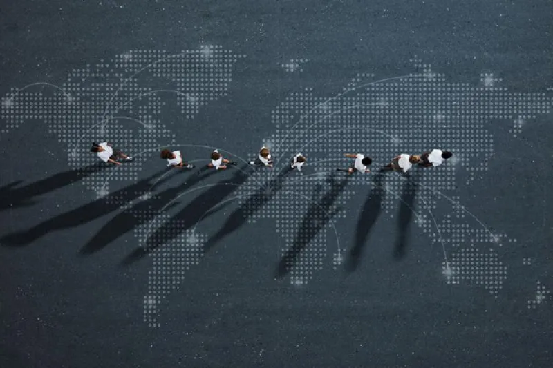 Global map with numbered location markers and long shadows in a dark blue background.