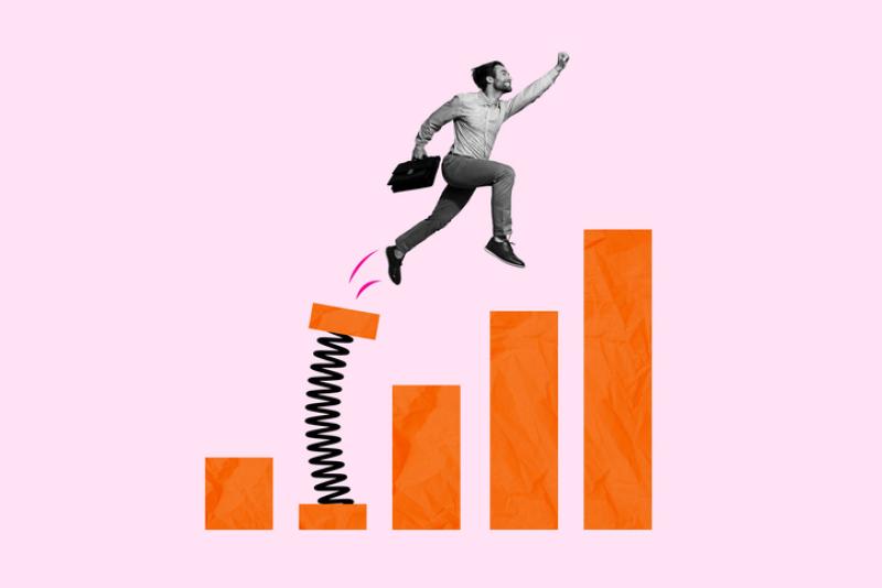 Creative picture image collage banner of guy worker jump from financial charts determined company success Creative picture image collage banner of guy worker jump from financial charts determined company success