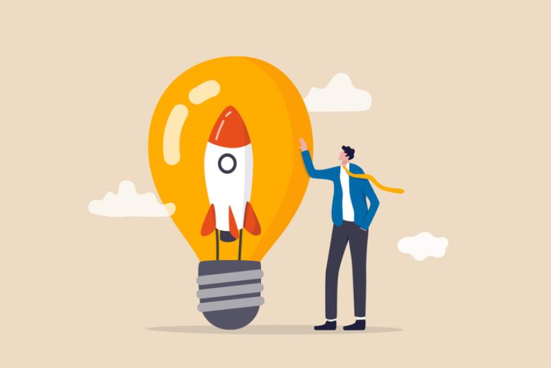 Entrepreneurship, setting up new business, motivation to create new business idea and make it success concept, businessman start up company owner standing with innovative rocket inside lightbulb idea. Entrepreneurship, setting up new business, motivation to create new business idea and make it success concept, businessman start up company owner standing with innovative rocket inside lightbulb idea.