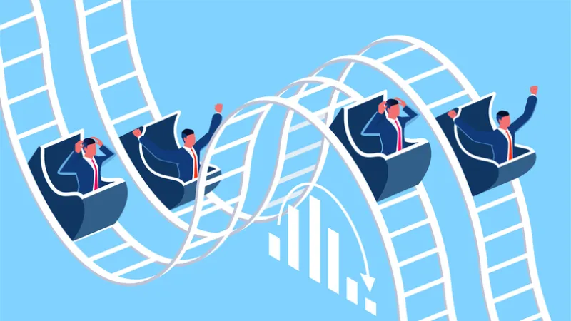 Marketing price fluctuations, stock market price fluctuations, investment money and losses, unstable financial markets, isometric businessmen riding a roller coaster of ups and downs Marketing price fluctuations, stock market price fluctuations, investment money and losses, unstable financial markets, isometric businessmen riding a roller coaster of ups and downs
