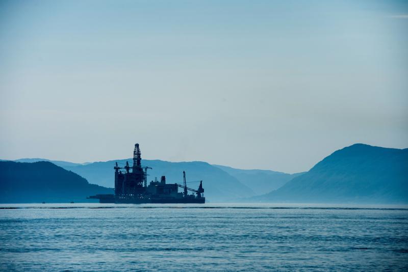 An oil drilling platform in the Bomla fjord near Leirvik, Norway. (Carina Johansen/Bloomberg)