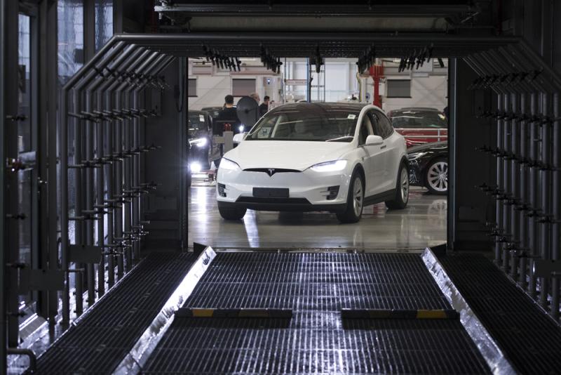 A Tesla Model X at a factory in Tilburg, Netherlands. (Jasper Juinen/Bloomberg)
