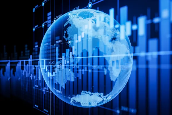 A digital globe surrounded by financial graphs and data charts in blue tones.